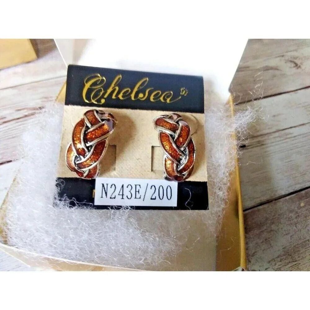 Vintage Women's Orange and Brown 1980s Glittery Earrings